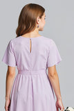 Purple Chiffon A-Line V-Neck Midi Junior Bridesmaid Dress