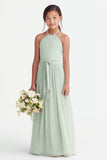 Sage A-Line Ruched Halter Belted Junior Bridesmaid Dress