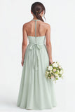 Sage A-Line Ruched Halter Belted Junior Bridesmaid Dress