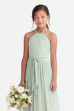 Sage A-Line Ruched Halter Belted Junior Bridesmaid Dress