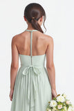 Sage A-Line Ruched Halter Belted Junior Bridesmaid Dress
