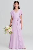 Purple A-Line Chiffon V-Neck Junior Bridesmaid Dress