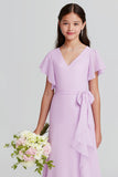 Purple A-Line Chiffon V-Neck Junior Bridesmaid Dress