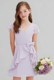 Purple Chiffon A-Line Short Junior Bridesmaid Dress with Bow