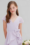 Purple Chiffon A-Line Short Junior Bridesmaid Dress with Bow
