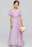 Purple A-Line Chiffon Ruffled Long Junior Bridesmaid Dress