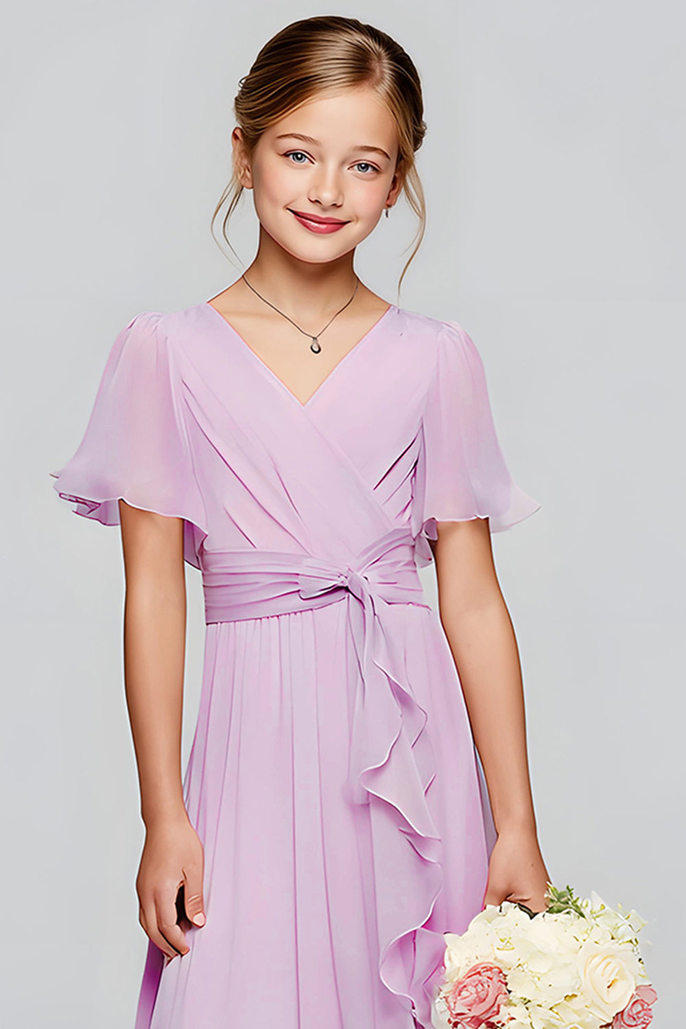 WEDTREND Women Purple Long Junior Bridesmaid Dress A-Line Chiffon V-Neck Ruffled Wedding Guest Dress WEDTREND Women Purple Long Junior Bridesmaid Dress A-Line Chiffon V-Neck Ruffled Wedding Guest Dress