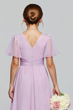 Purple A-Line Chiffon Ruffled Long Junior Bridesmaid Dress