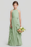 Sage Green Halter A-Line Chiffon Long Junior Bridesmaid Dress with Ruffles