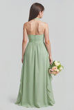 Sage Green Halter A-Line Chiffon Long Junior Bridesmaid Dress with Ruffles