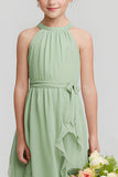 Sage Green Halter A-Line Chiffon Long Junior Bridesmaid Dress with Ruffles