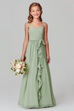 Ruffled Chiffon Sage Green A-Line Spaghetti Straps Long Junior Bridesmaid Dress