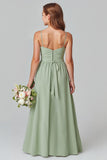 Ruffled Chiffon Sage Green A-Line Spaghetti Straps Long Junior Bridesmaid Dress