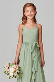 Ruffled Chiffon Sage Green A-Line Spaghetti Straps Long Junior Bridesmaid Dress