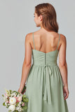 Ruffled Chiffon Sage Green A-Line Spaghetti Straps Long Junior Bridesmaid Dress