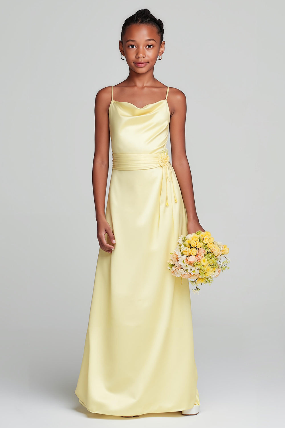 yellow satin bridesmaid dresses WEDTREND Women Daffodil Yellow Long Junior Bridesmaid Dress A-Line Spaghetti Straps Cowl Neck Satin Wedding Guest Dress
