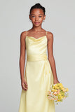 Daffodil Yellow Satin Spaghetti Straps Cowl Neck Long Junior Bridesmaid Dress