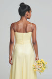 Daffodil Yellow Satin Spaghetti Straps Cowl Neck Long Junior Bridesmaid Dress