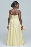Sunshine Daffodil Yellow A Line Spaghetti Straps Ruched Junior Bridesmaid Dress