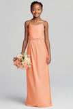 Sunset Spaghetti Straps Satin Pleated Long Junior Bridesmaid Dress