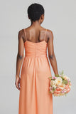 Sunset Spaghetti Straps Satin Pleated Long Junior Bridesmaid Dress