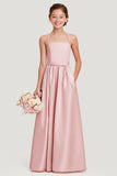 Simple Blush Satin A Line Spaghetti Straps Long Junior Bridesmaid Dress