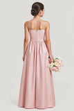 Simple Blush Satin A Line Spaghetti Straps Long Junior Bridesmaid Dress