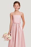 Simple Blush Satin A Line Spaghetti Straps Long Junior Bridesmaid Dress