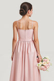 Simple Blush Satin A Line Spaghetti Straps Long Junior Bridesmaid Dress