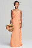 Sunset Sheath Spaghetti Straps Long Junior Bridesmaid Dress with Ruffles