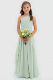 One Shoulder Sage Green A Line Chiffon Long Junior Bridesmaid Dress