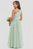 One Shoulder Sage Green A Line Chiffon Long Junior Bridesmaid Dress