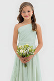 One Shoulder Sage Green A Line Chiffon Long Junior Bridesmaid Dress
