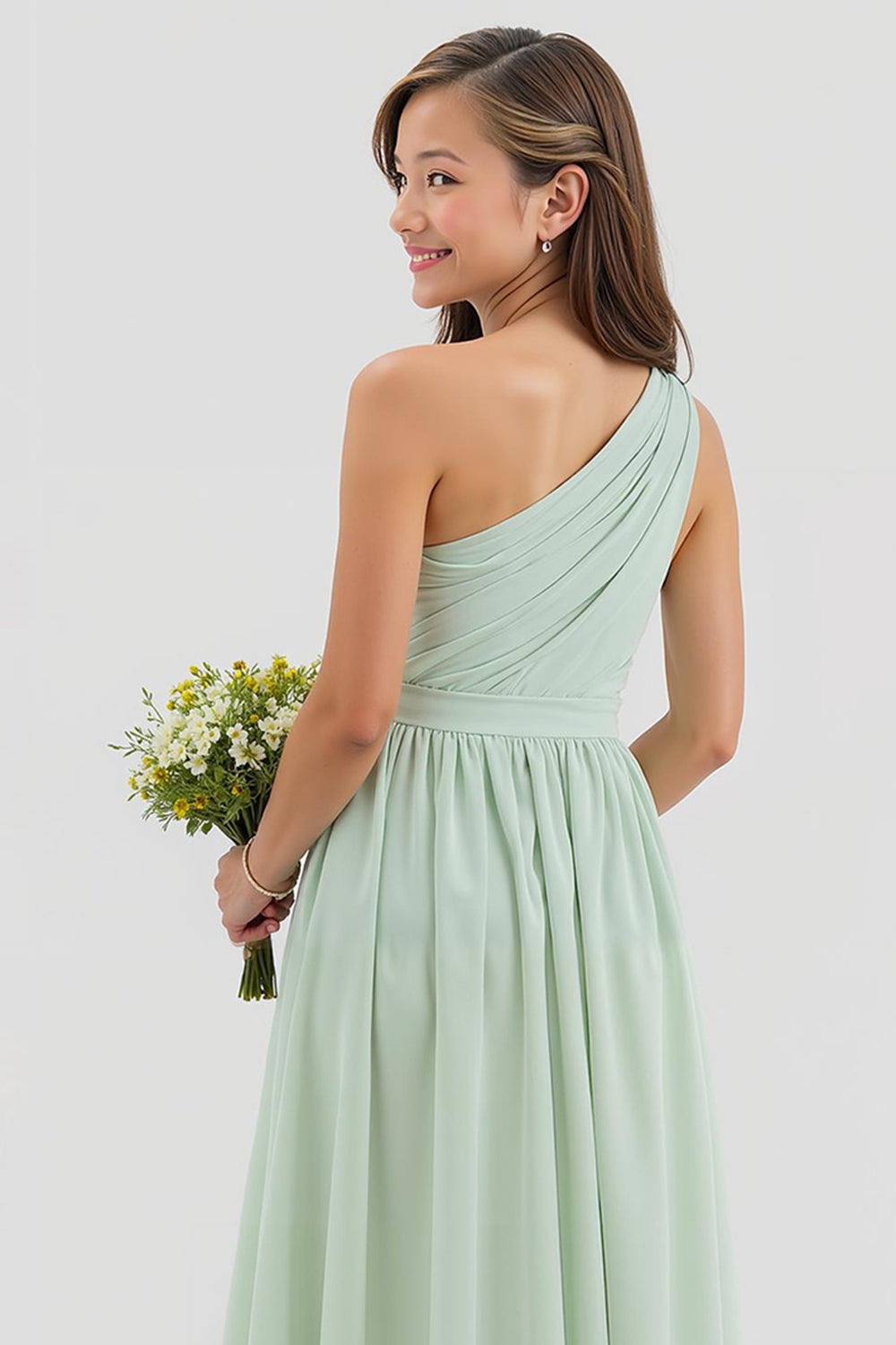 WEDTREND Women Sage Green One Shoulder Junior Bridesmaid Dress A-Line Chiffon Long Wedding Guest Dress WEDTREND Women Sage Green One Shoulder Junior Bridesmaid Dress A-Line Chiffon Long Wedding Guest Dress