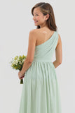 One Shoulder Sage Green A Line Chiffon Long Junior Bridesmaid Dress