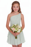 Sage Green A Line Chiffon One Shoulder Pleated Short Junior Bridesmaid Dress