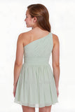 Sage Green A Line Chiffon One Shoulder Pleated Short Junior Bridesmaid Dress