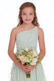 Sage Green A Line Chiffon One Shoulder Pleated Short Junior Bridesmaid Dress
