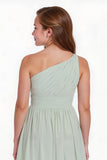 Sage Green A Line Chiffon One Shoulder Pleated Short Junior Bridesmaid Dress