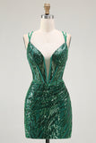 Sparkly Dark Green Bodycon Corset Tie Back Sequin Short Homecoming Dress
