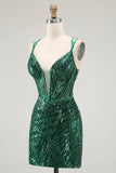 Sparkly Dark Green Bodycon Corset Tie Back Sequin Short Homecoming Dress