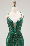 Sparkly Dark Green Bodycon Corset Tie Back Sequin Short Homecoming Dress