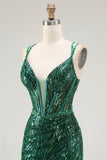 Sparkly Dark Green Bodycon Corset Tie Back Sequin Short Homecoming Dress