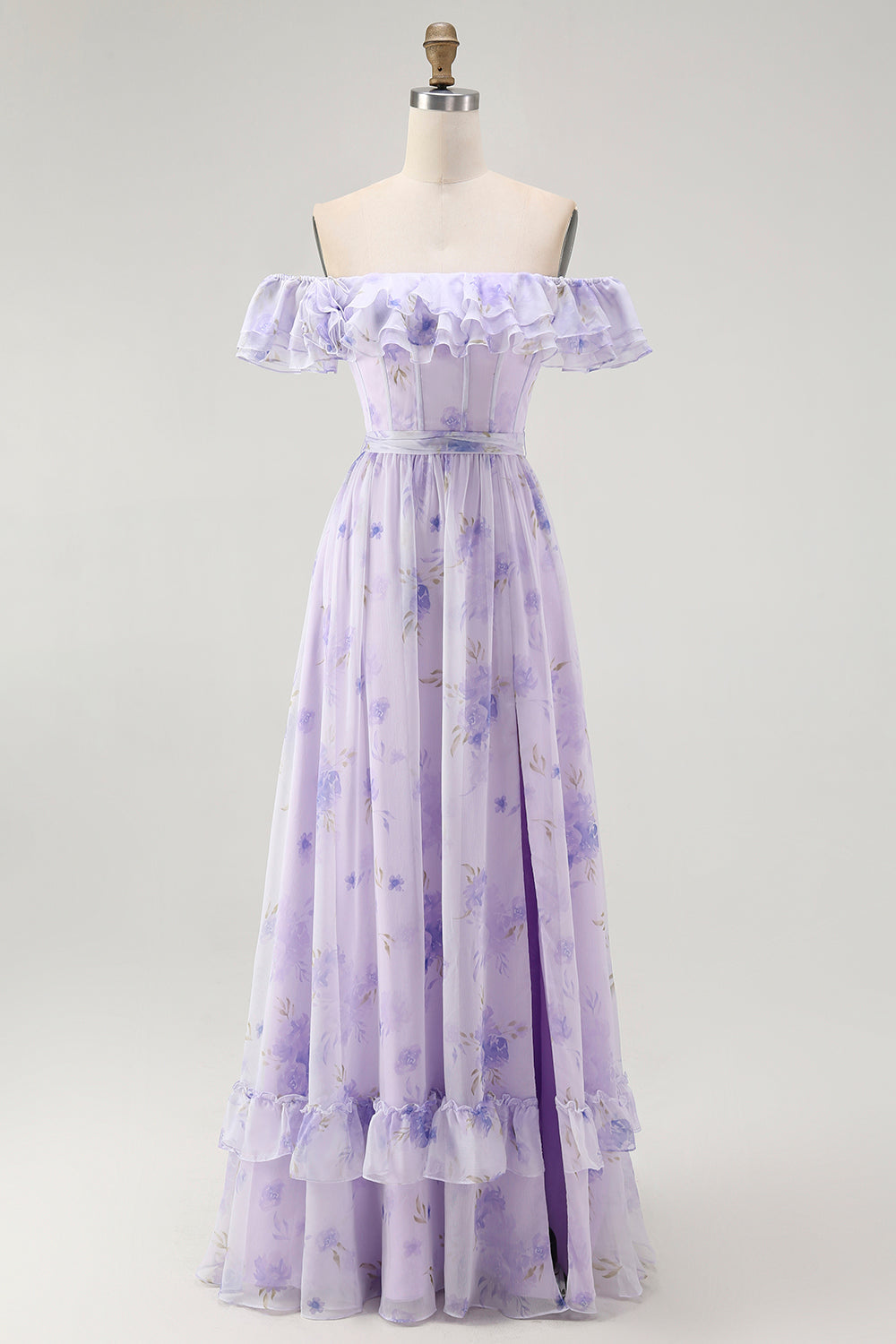WEDTREND Women Lilac Bridesmaid Dress with Slit Print Floral Long A-Line Off The Shoulder Ruffle Wedding Guest Dress with Lace Up Back WEDTREND Women Lilac Bridesmaid Dress with Slit Print Floral Long A-Line Off The Shoulder Ruffle Wedding Guest Dress with Lace Up Back