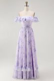 Lilac A-Line Off The Shoulder Ruffle Print Floral Long Bridesmaid Dress with Slit