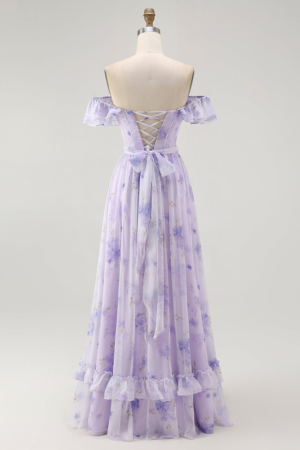 WEDTREND Women Lilac Bridesmaid Dress with Slit Print Floral Long A-Line Off The Shoulder Ruffle Wedding Guest Dress with Lace Up Back WEDTREND Women Lilac Bridesmaid Dress with Slit Print Floral Long A-Line Off The Shoulder Ruffle Wedding Guest Dress with Lace Up Back