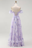 Lilac A-Line Off The Shoulder Ruffle Print Floral Long Bridesmaid Dress with Slit