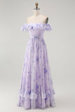 Lilac A-Line Off The Shoulder Ruffle Print Floral Long Bridesmaid Dress with Slit