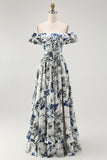 Blue Porcelain Off-Shoulder A-Line Ruffle Print Floral Long Bridesmaid Dress with Slit