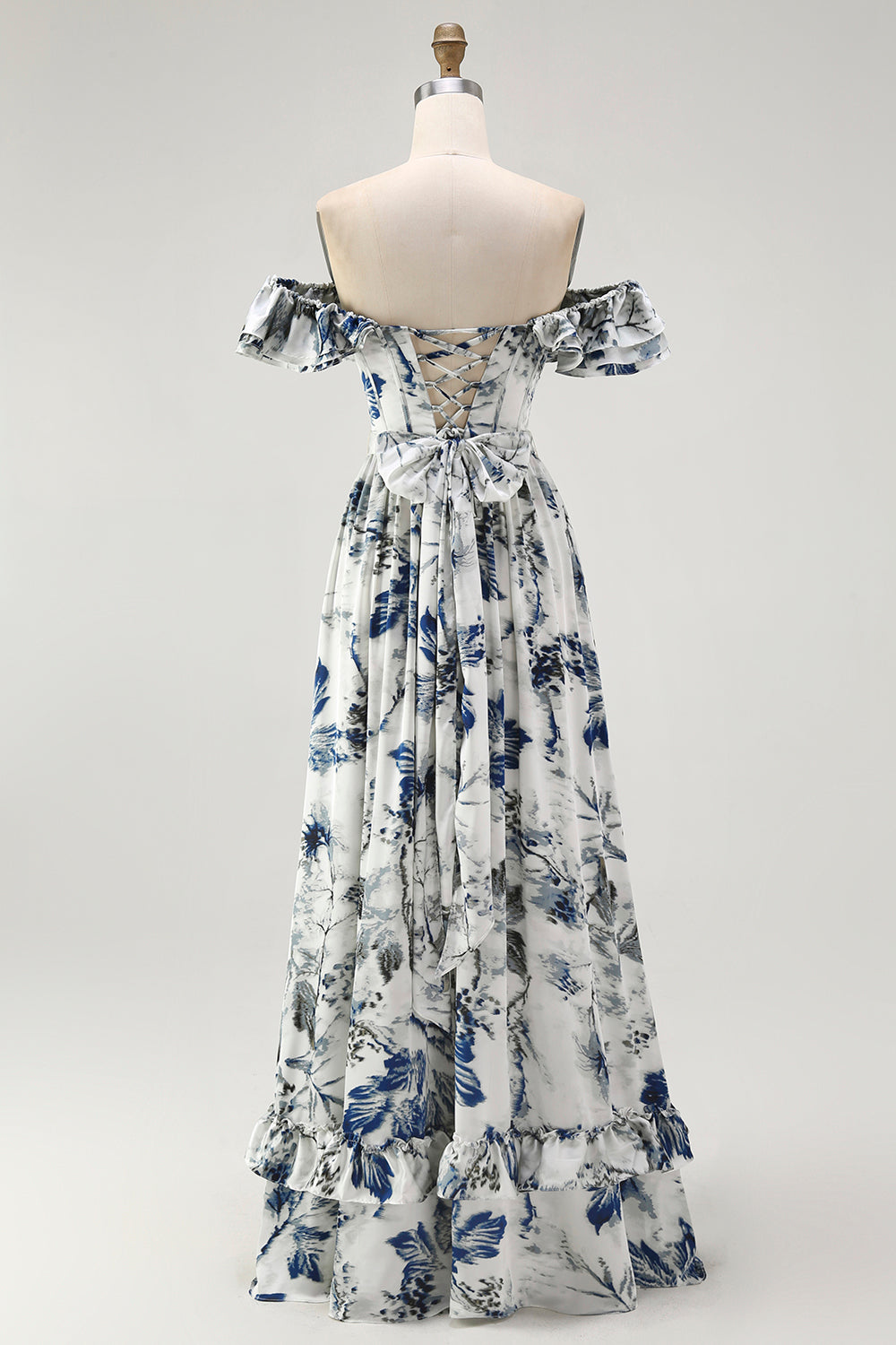 WEDTREND Women Blue Long Bridesmaid Dress with Slit Off-Shoulder A-Line Ruffle Print Floral Wedding Guest Dress with Lace Up Back WEDTREND Women Blue Long Bridesmaid Dress with Slit Off-Shoulder A-Line Ruffle Print Floral Wedding Guest Dress with Lace Up Back
